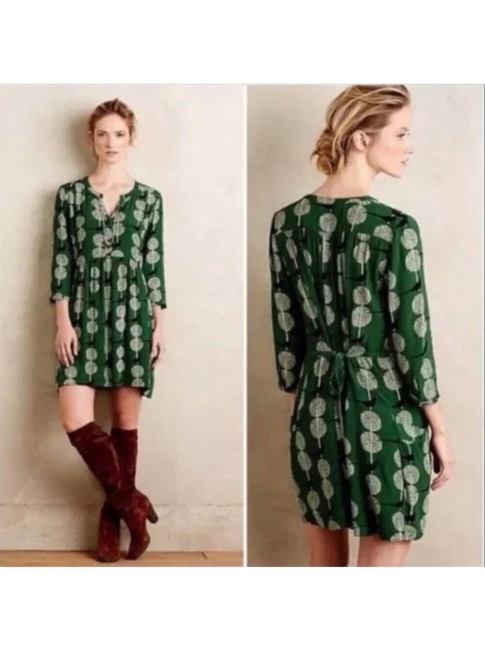 Maeve Anthropologie Devery Tunic Dress Top Womens Size M Green Bird Floral Boho